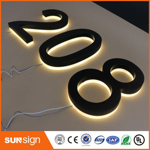 Wholesale backlit door number signs stainless steel black painted acrylic back warm white lights backlit letters House Numbers